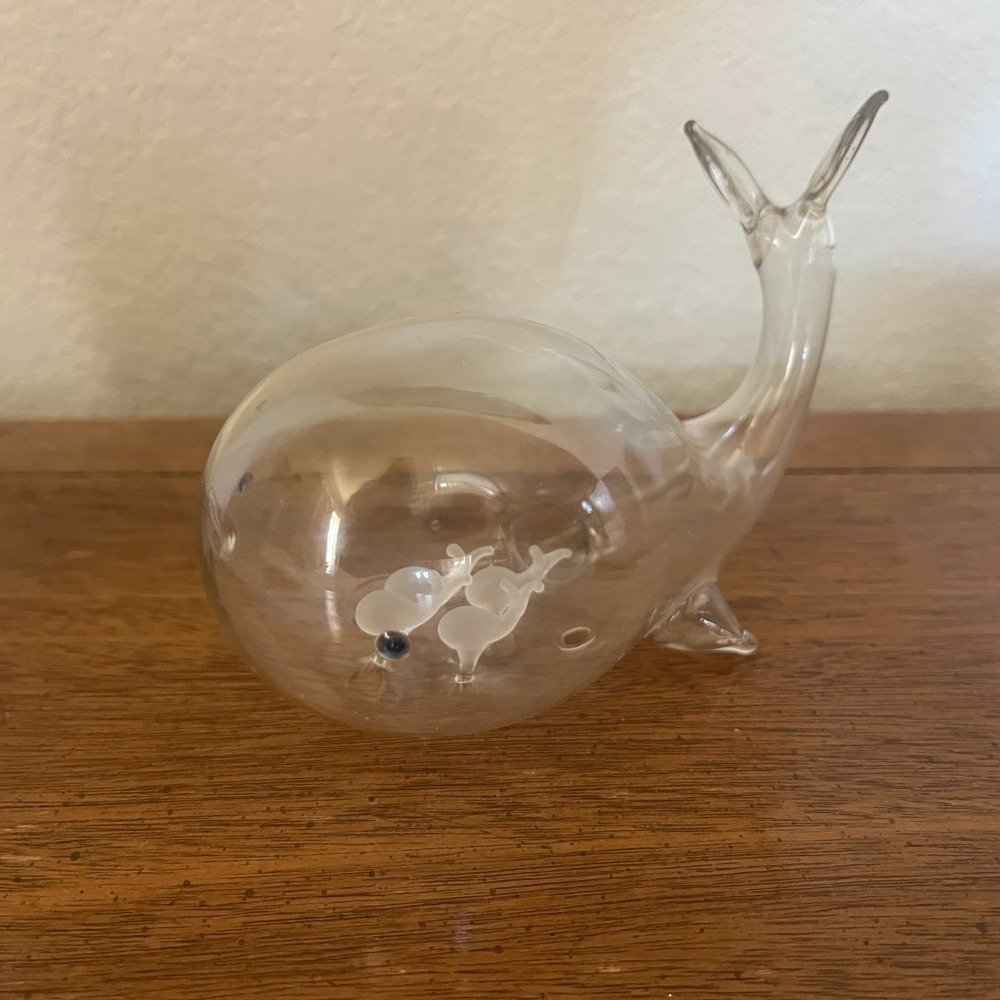 Vintage Hand Blown Clear Thin Glass Whale Calves Figurine Nautical Blue Eye 6.5"